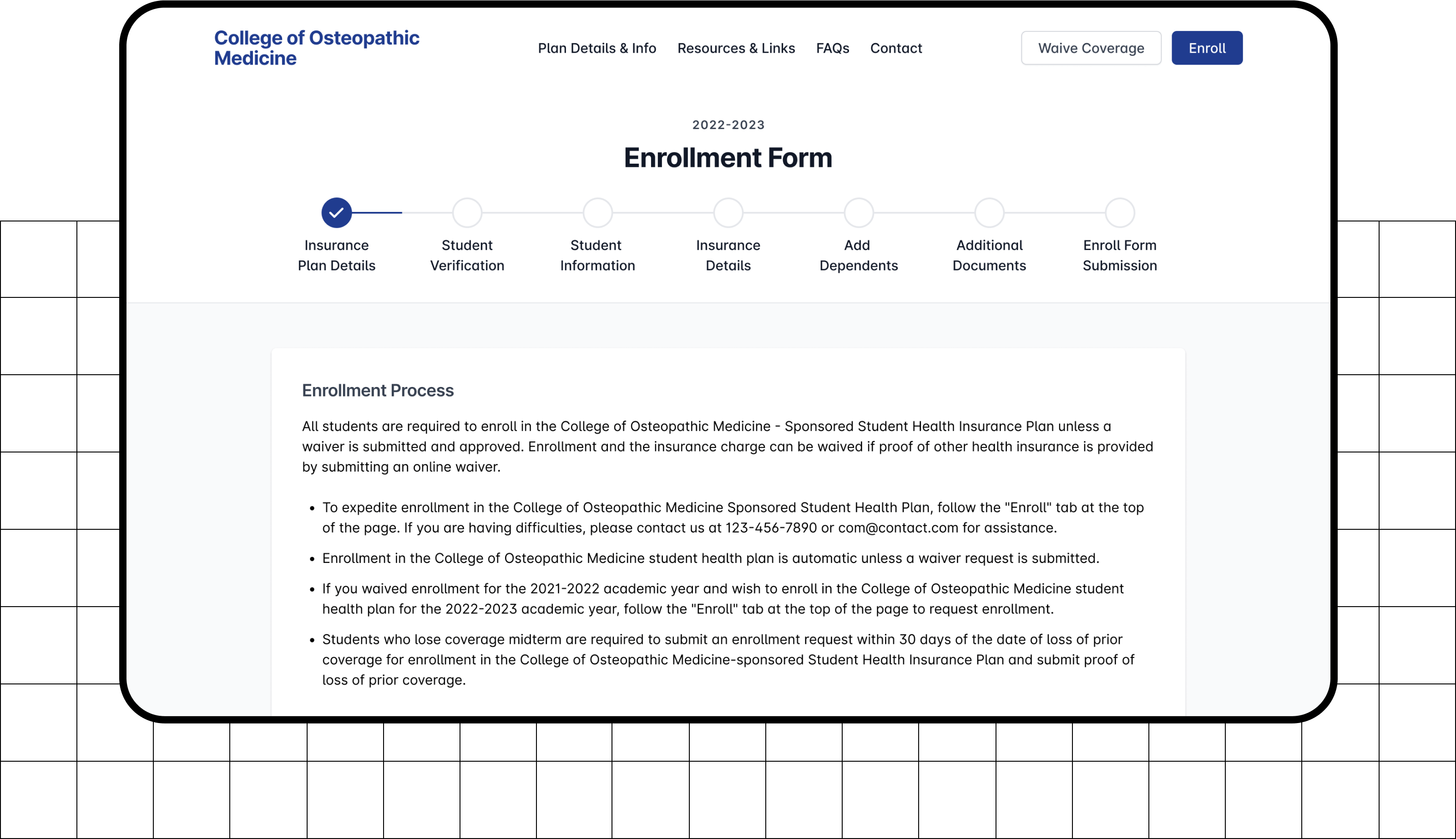 Insurance enrollment form on HSAC for students